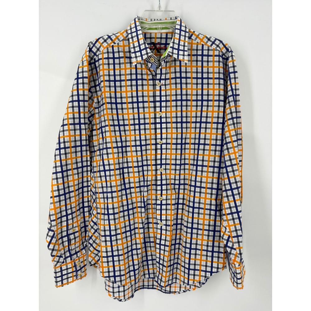 Robert Graham Men's L/G Plaid Long Sleeve Button Up Shirt Orange Navy Green - Picture 2 of 11